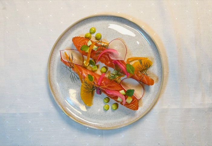 Cured salmon with citrus, pickled onion, radish and dill