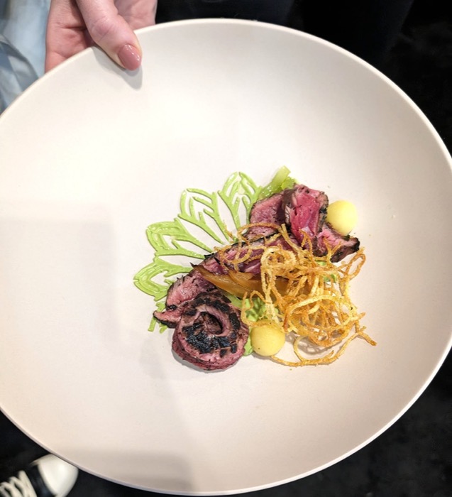 Grilled steak with crispy potato and herb purée
