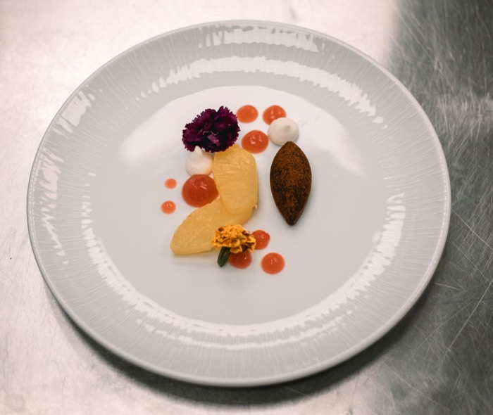 Citrus dessert with a chocolate quenelle and fruit gel
